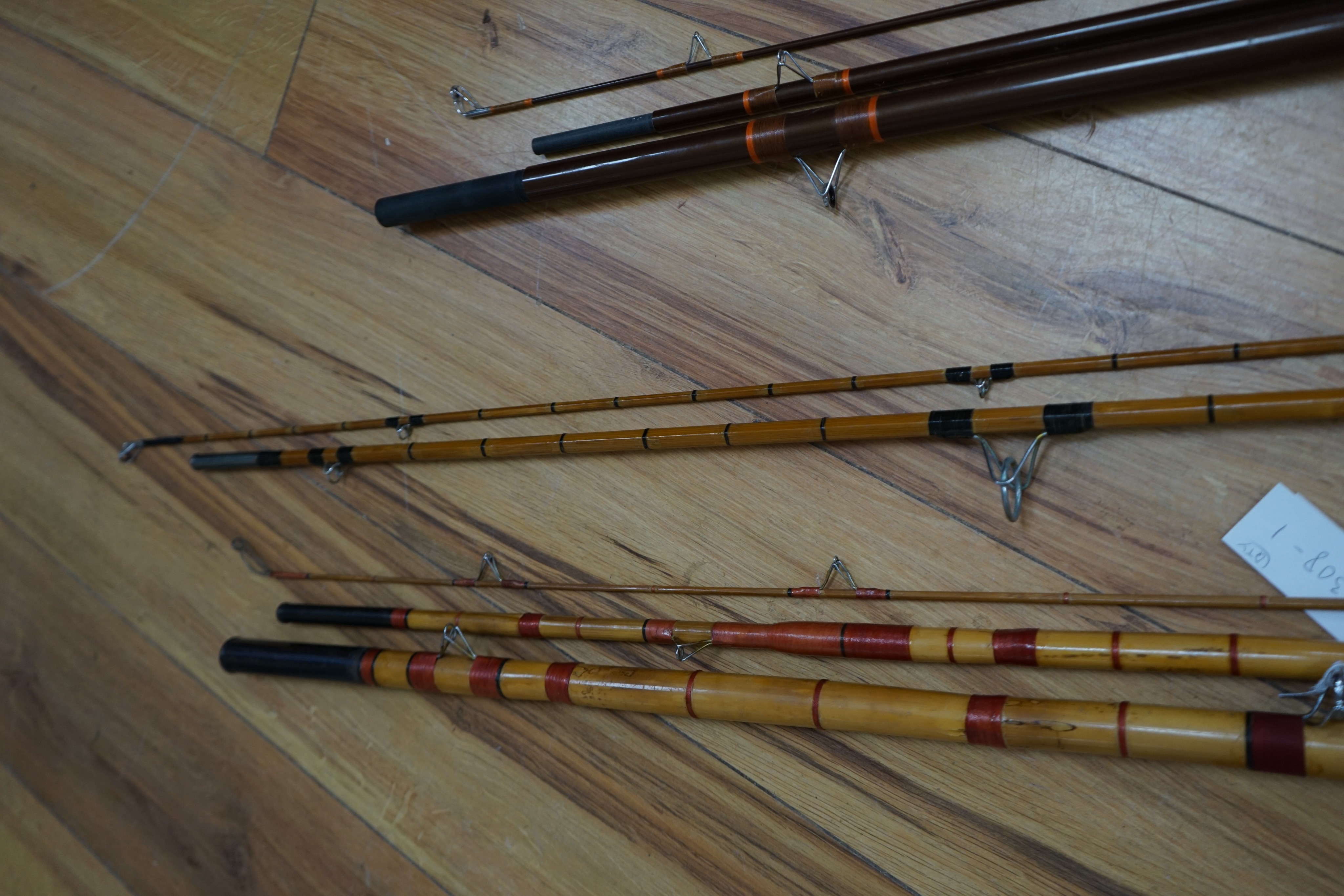 A collection of mixed split cane fishing rods, Les Compton, Elasticane, Carton-James and another (4)